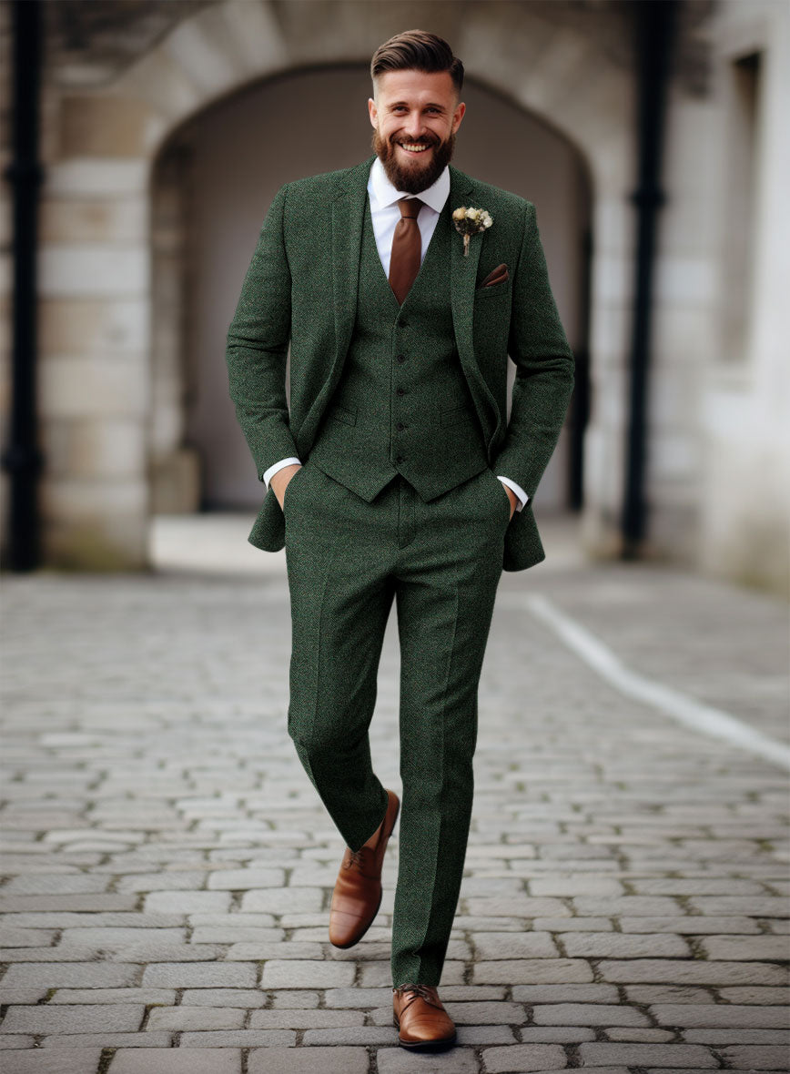 Men Designer Green Herringbone Wool Dress Pants Double Pleats With