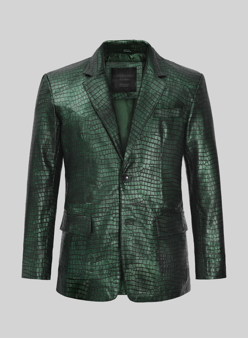StudioSuits Lustrous Croc Metallic Green Leather Jacket