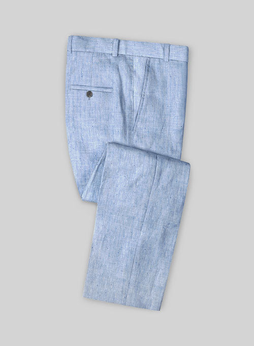 Light blue herringbone linen-cotton high waisted pleated lightweight  Trousers