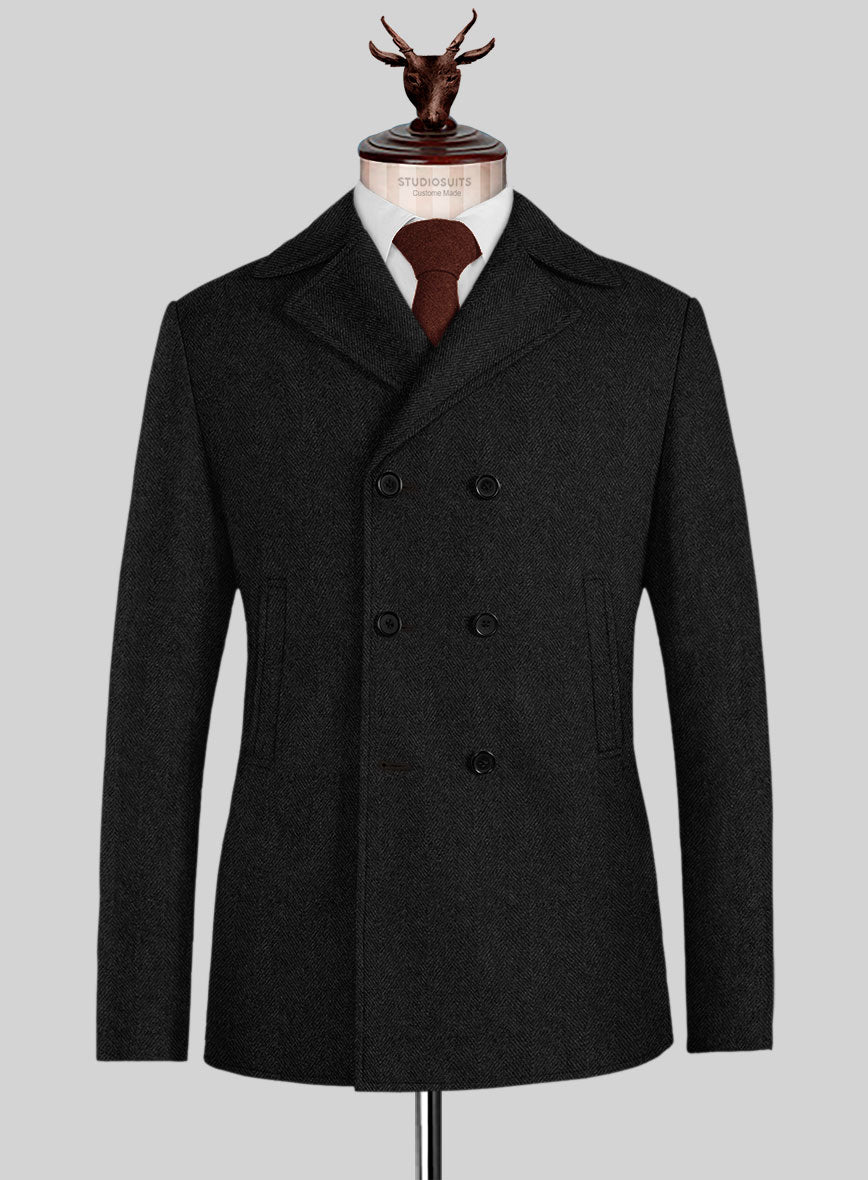 Single Breasted Tailored Coat Black Herringbone