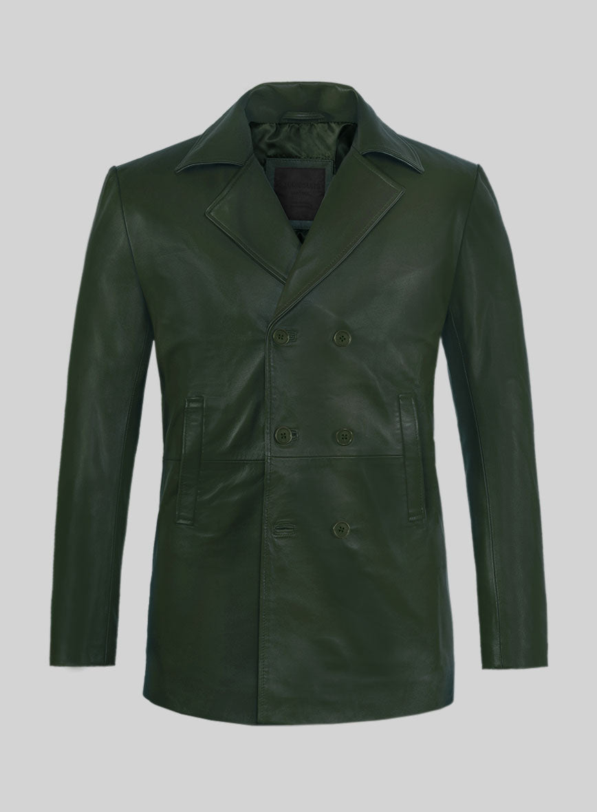 Soft Deep Olive Leather Pea Coat StudioSuits