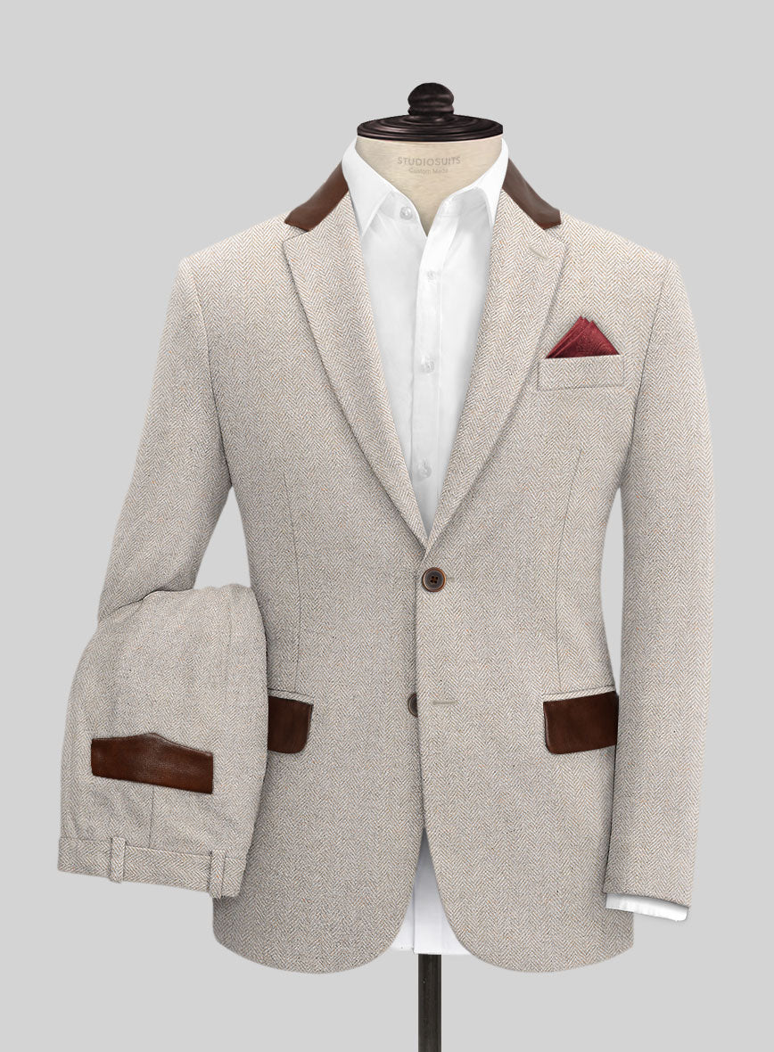 Herringbone Light Beige Tweed Suit - Leather Trims – StudioSuits