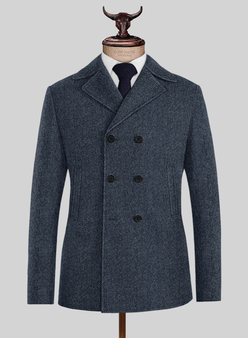 Highlander Heavy Blue Herringbone Tweed Pea Coat – StudioSuits