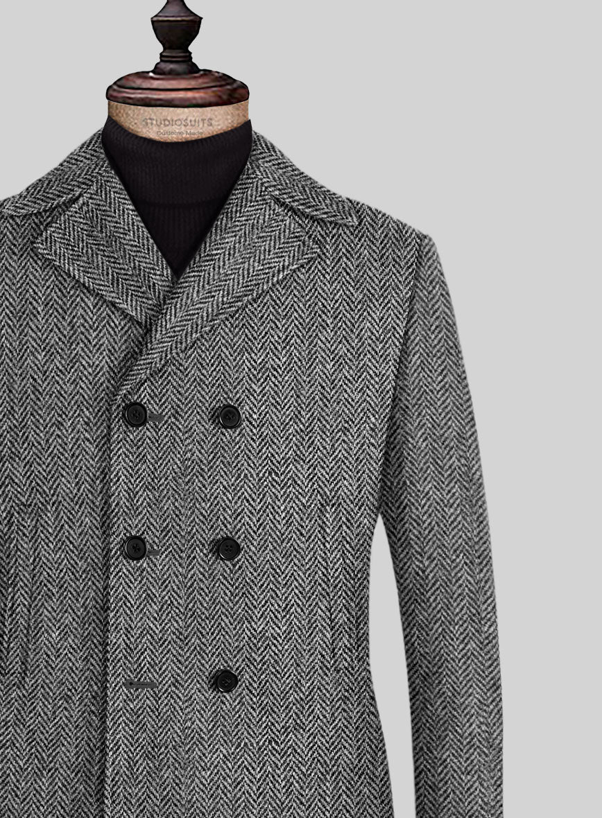 Harris Tweed Gray Herringbone Pea Coat - StudioSuits