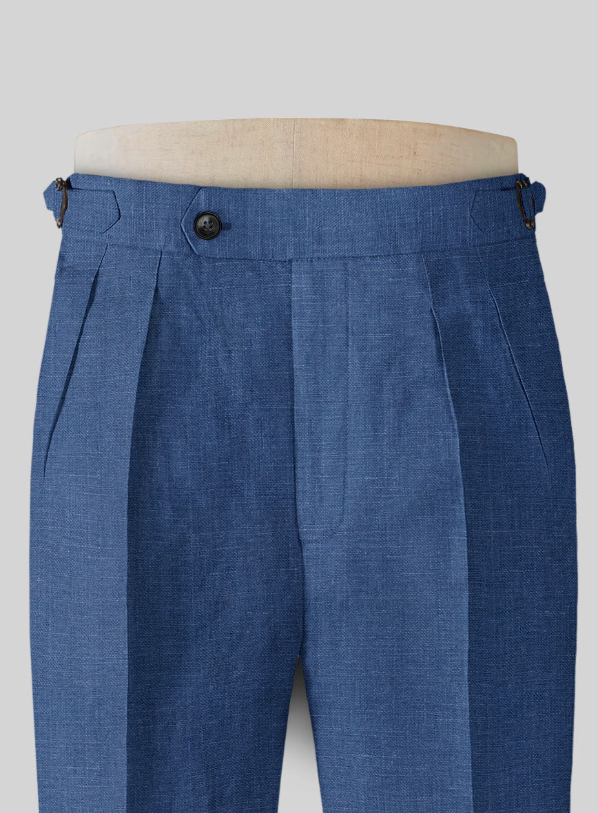 Indigo Mid Blue Pure Linen Highland Trousers - StudioSuits