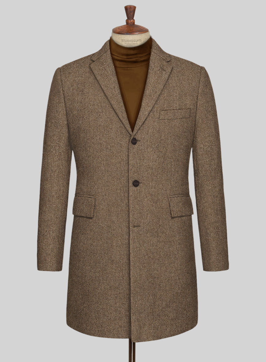 Irish Brown Herringbone Tweed Overcoat - StudioSuits