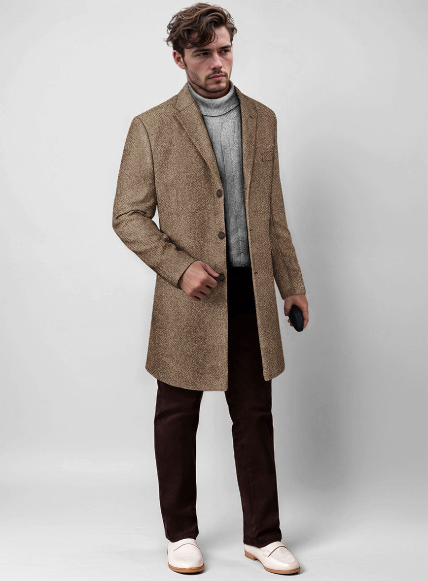 Irish Brown Herringbone Tweed Overcoat - StudioSuits