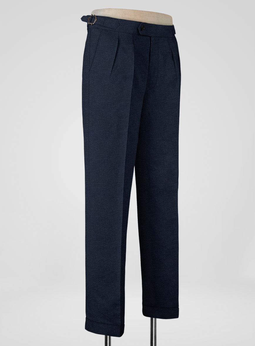 Italian Prato Dark Blue Dobby Linen Highland Trousers - StudioSuits