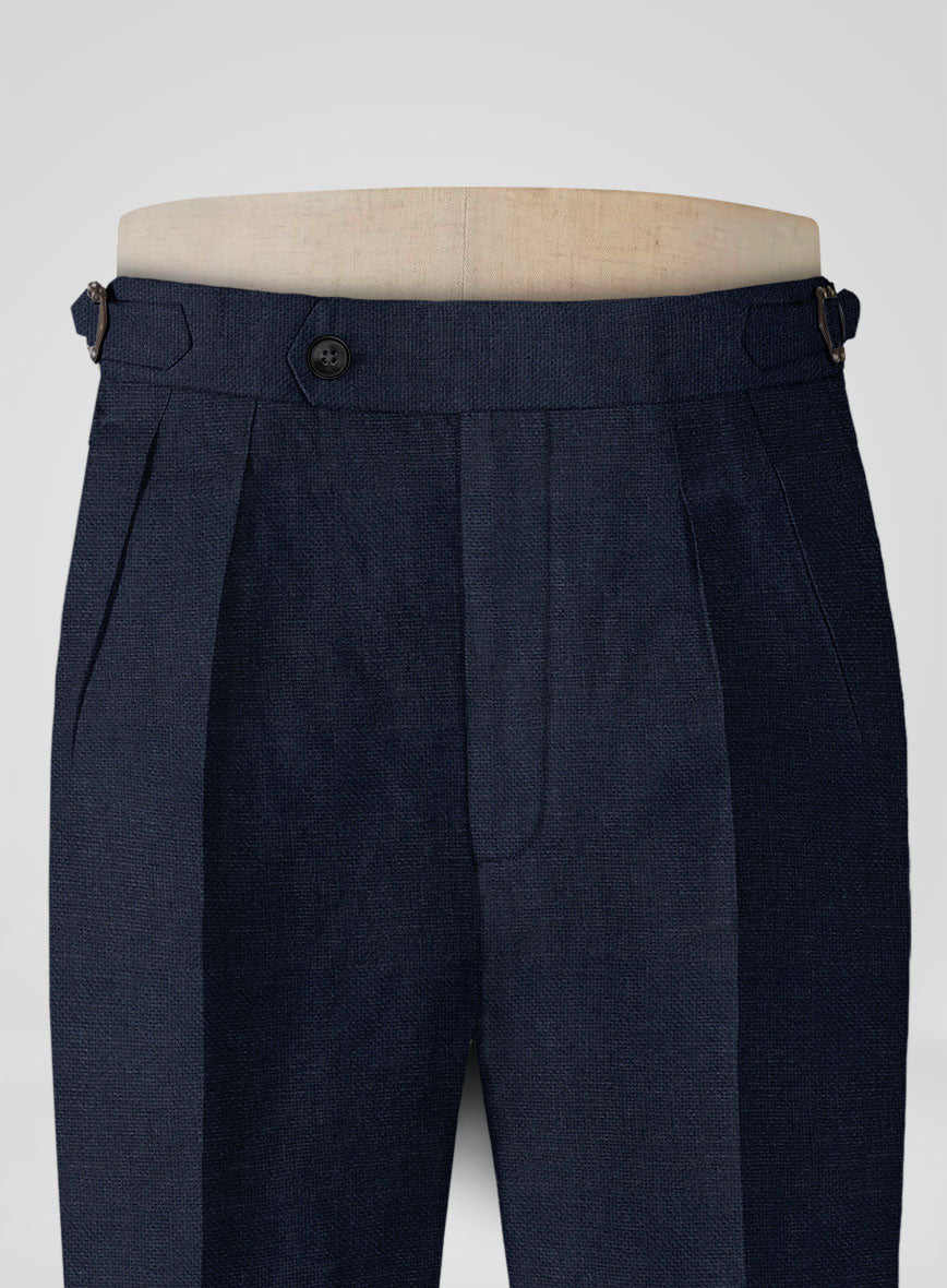 Italian Prato Dark Blue Dobby Linen Highland Trousers - StudioSuits