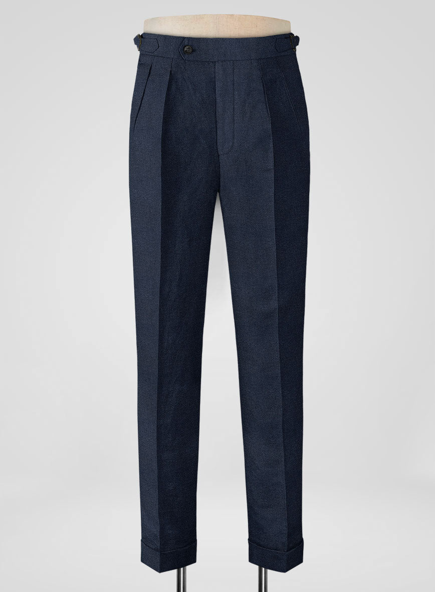 Italian Prato Dark Blue Dobby Linen Highland Trousers - StudioSuits