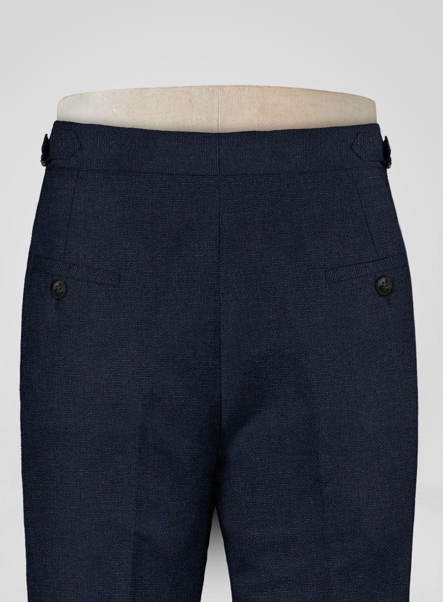 Italian Prato Dark Blue Dobby Linen Highland Trousers - StudioSuits