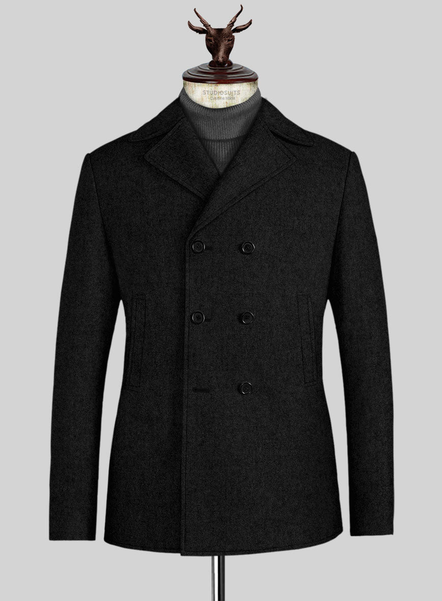 Black Heavy Tweed Pea Coat - StudioSuits