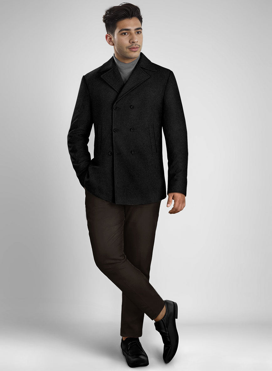 Black Heavy Tweed Pea Coat - StudioSuits