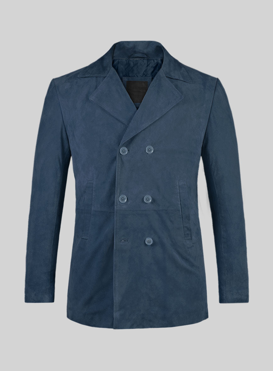 Blue Suede Leather Pea Coat - StudioSuits