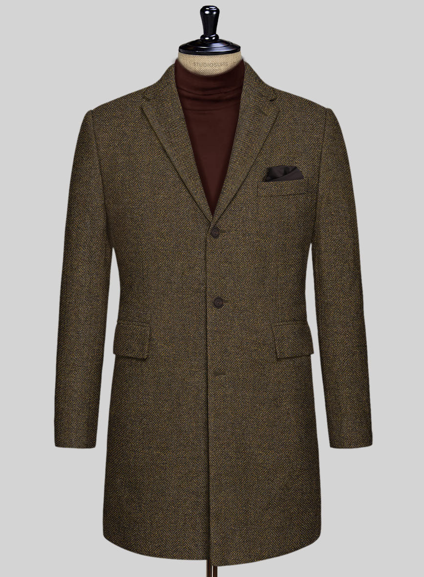 Bottle Brown Herringbone Tweed Overcoat