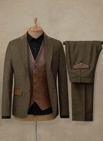 Bottle Brown Herringbone Tweed Suit - Leather Trim - StudioSuits