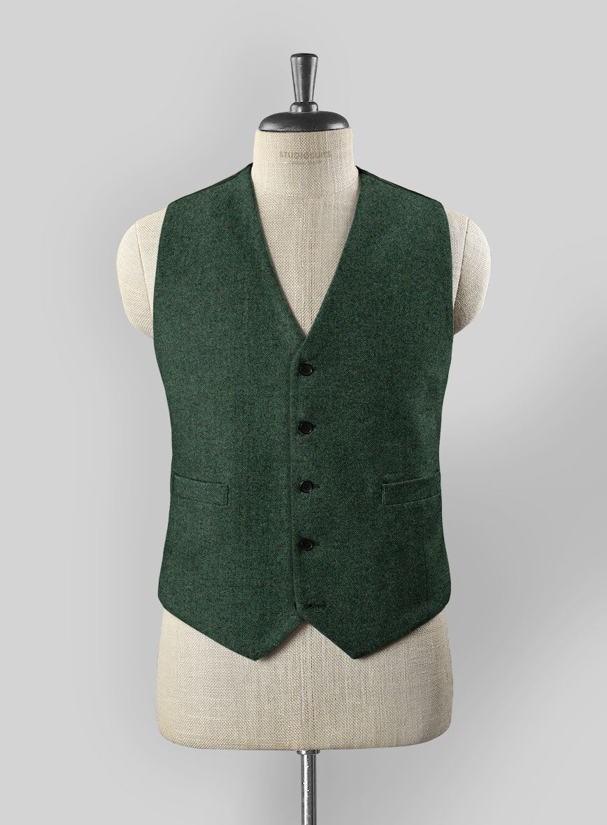 Bottle Green Herringbone Tweed Waist Coat - StudioSuits