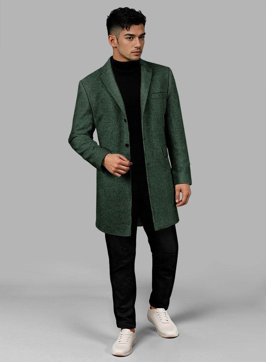 Bottle Green Herringbone Tweed Overcoat - StudioSuits