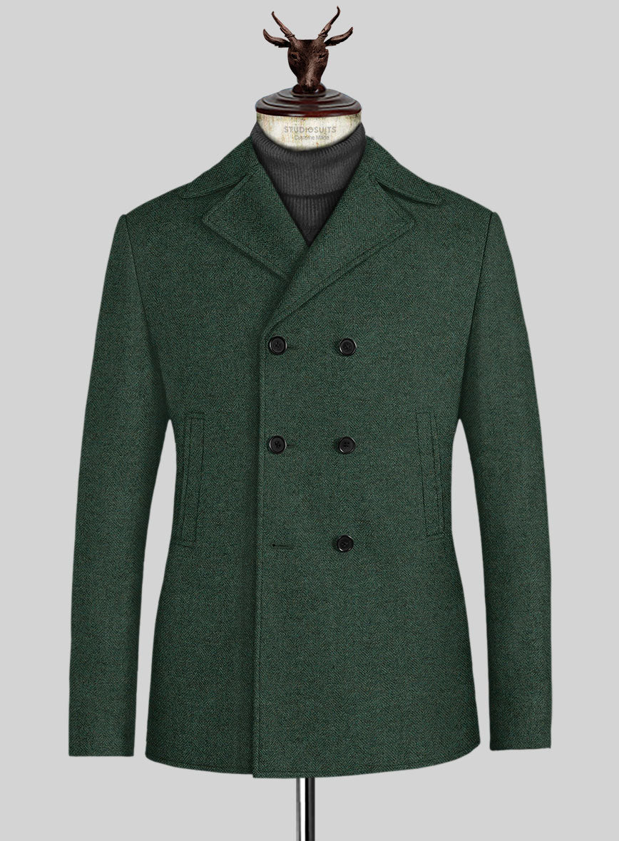 Bottle Green Herringbone Tweed Pea Coat