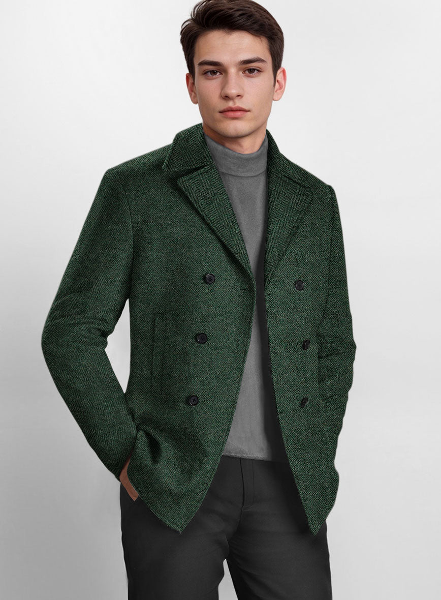 StudioSuits Bottle Green Herringbone Tweed Pea Coat