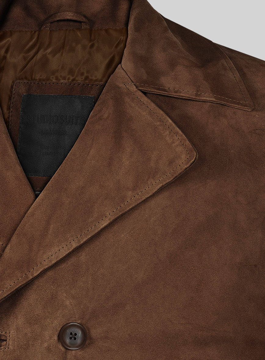 Brown Suede Leather Pea Coat - StudioSuits