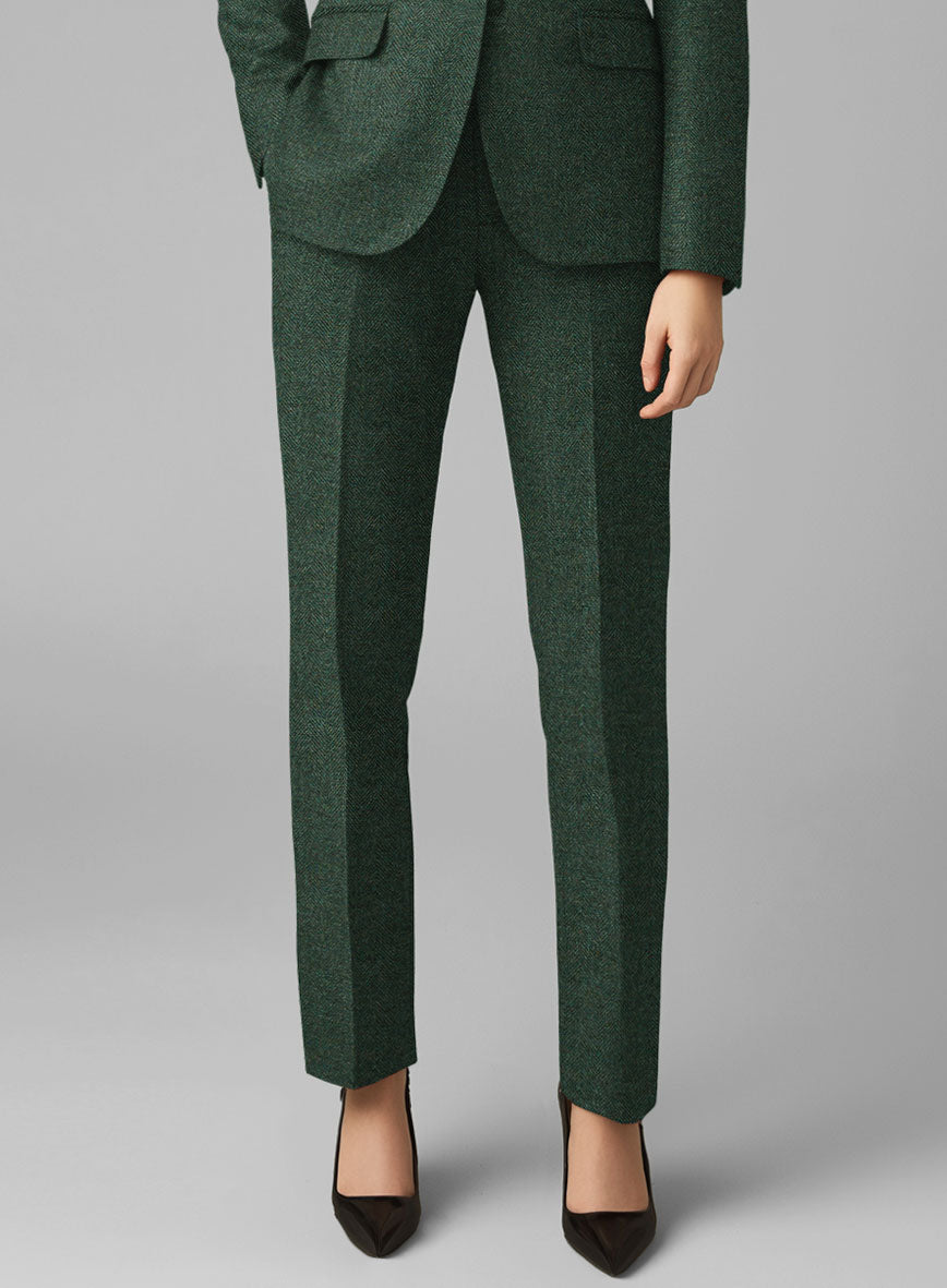 Women's Bottle Green Herringbone Tweed Pants