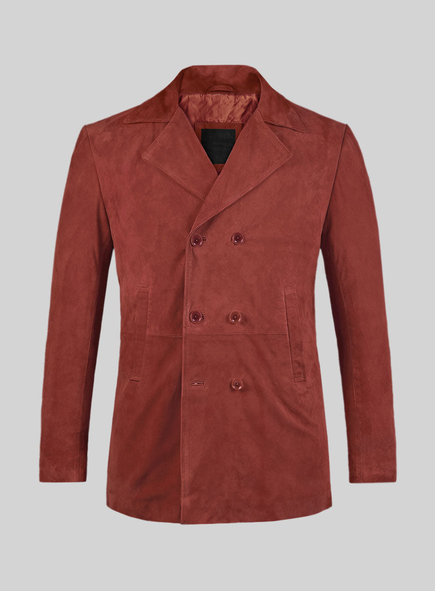 Burnt Red Suede Leather Pea Coat - StudioSuits