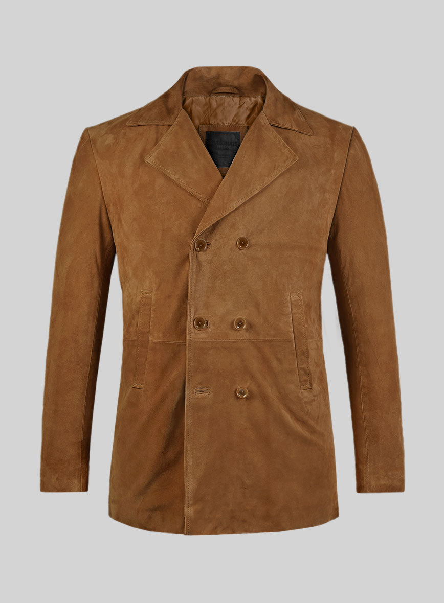 Caramel Brown Suede Leather Pea Coat - StudioSuits