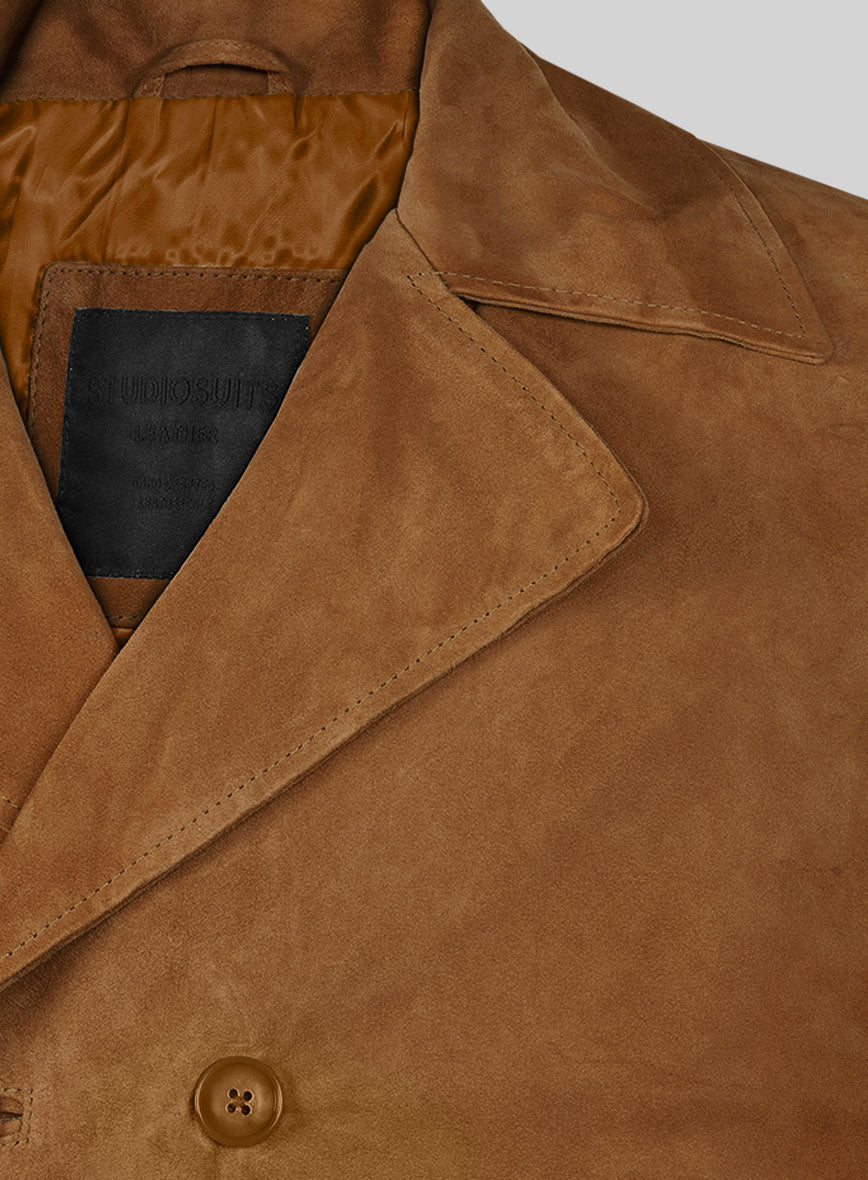 Caramel Brown Suede Leather Pea Coat - StudioSuits