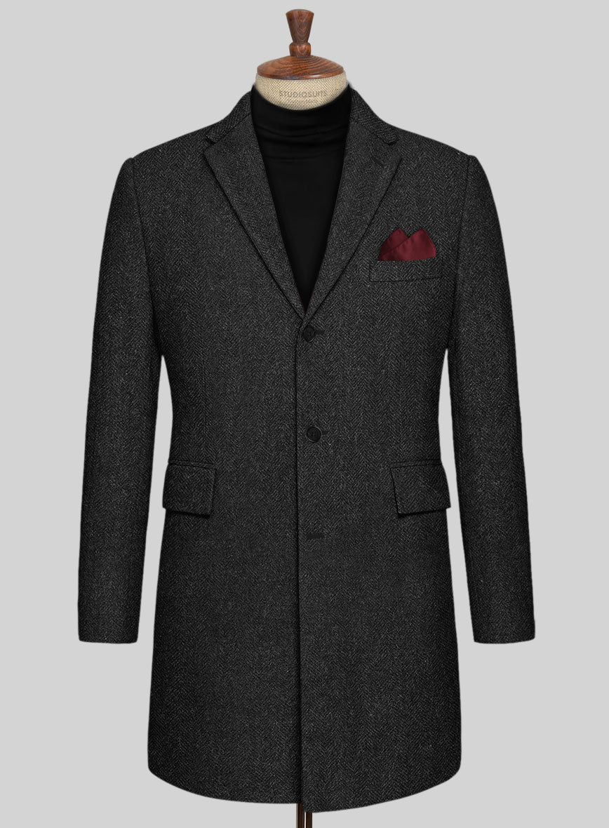 Charcoal Herringbone Tweed Overcoat