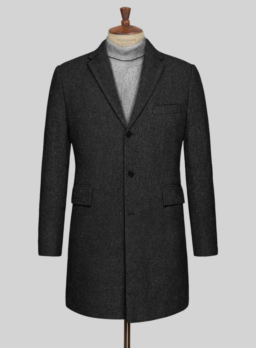 Charcoal Herringbone Tweed Overcoat