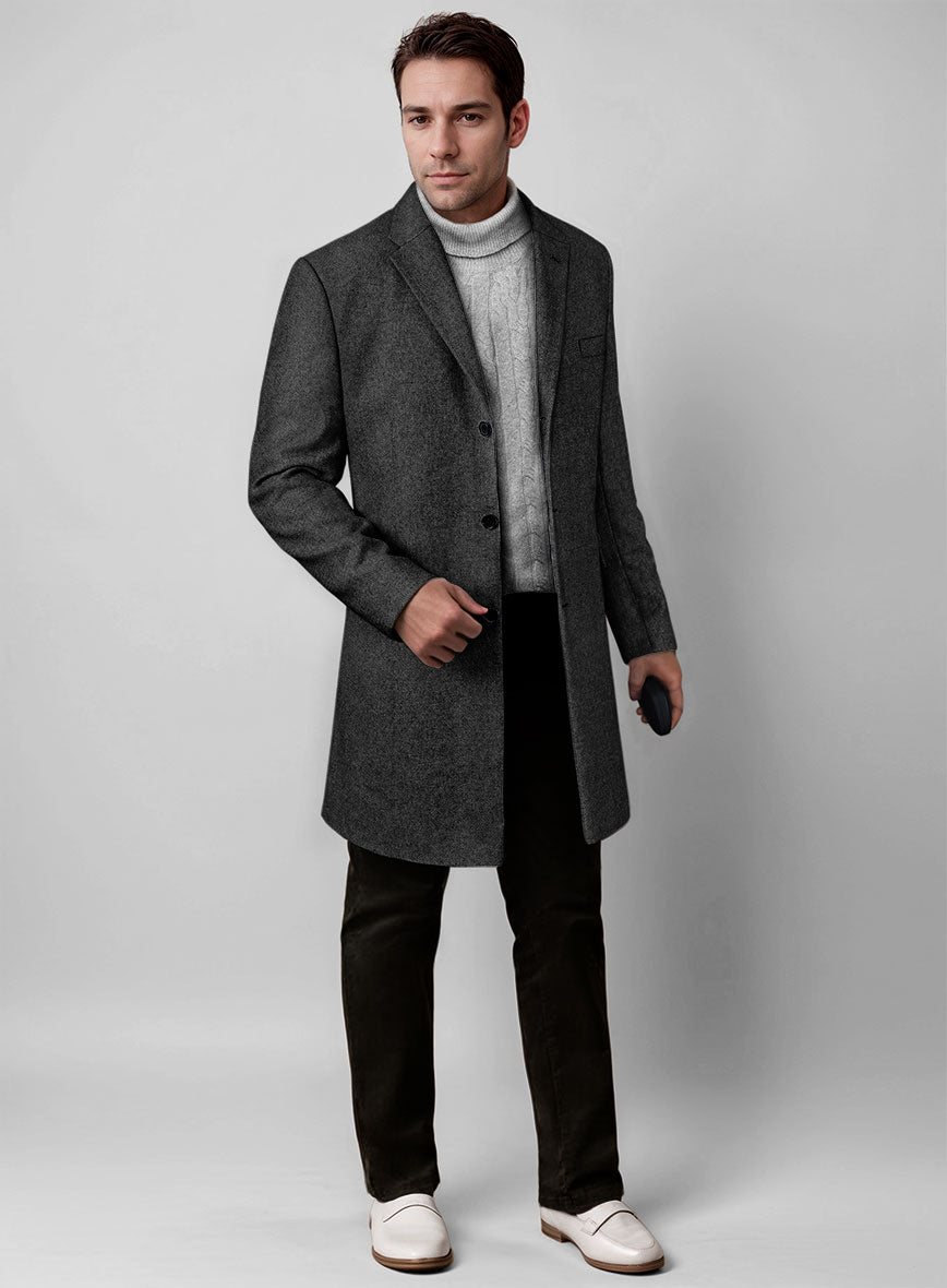 Charcoal Herringbone Tweed Overcoat