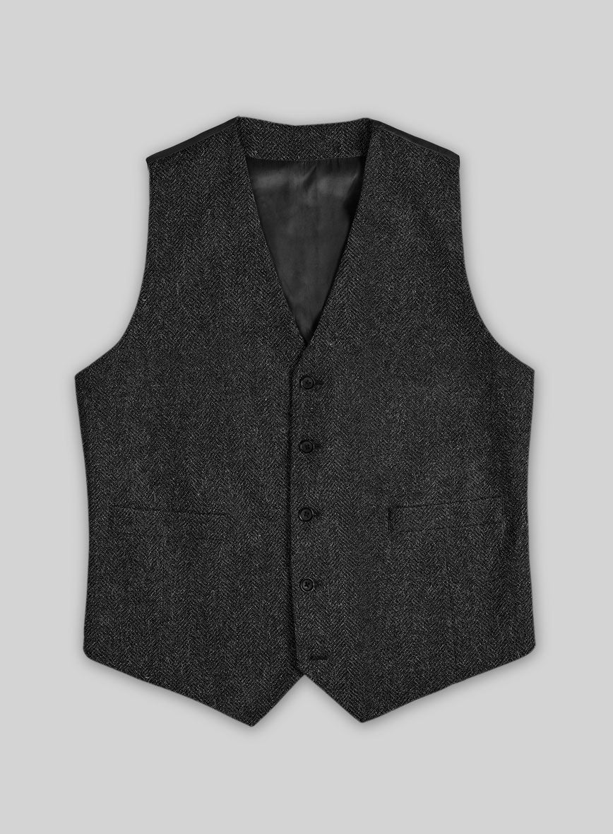 Charcoal Herringbone Tweed Waist Coat - StudioSuits