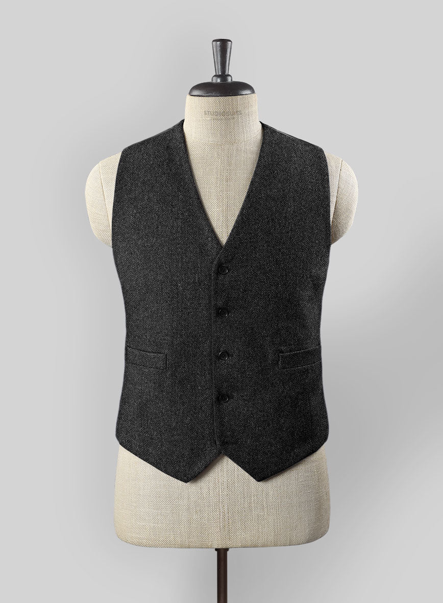 Charcoal Herringbone Tweed Waist Coat - StudioSuits