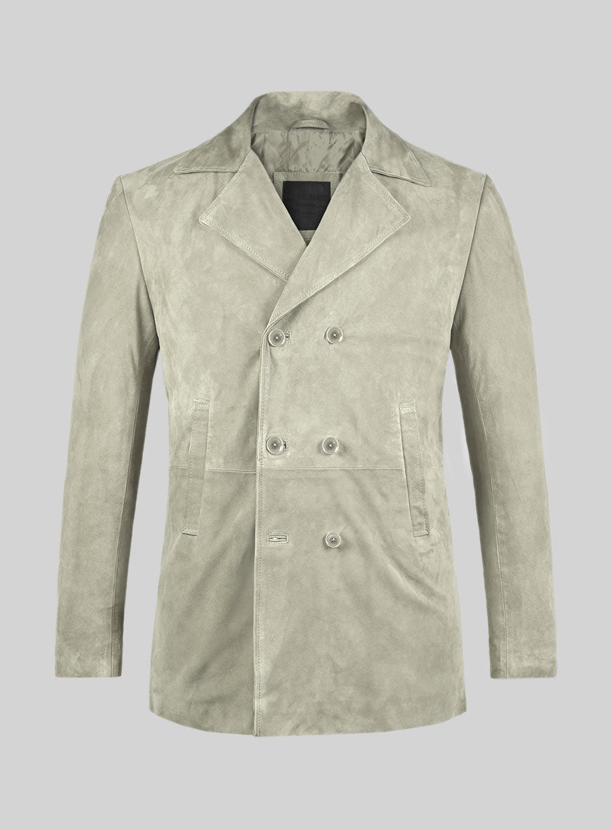 Cream Beige Suede Leather Pea Coat - StudioSuits