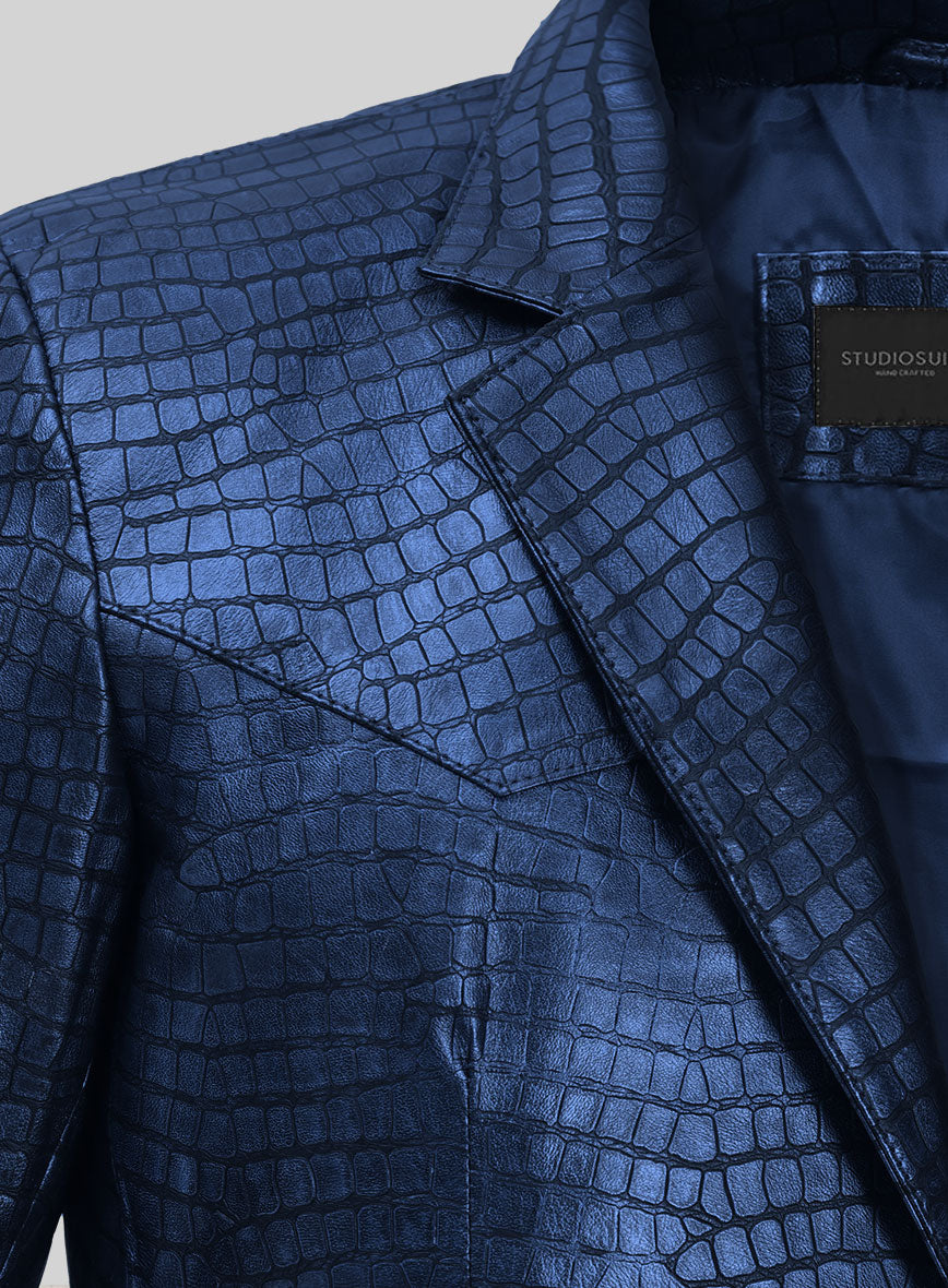 StudioSuits Lustrous Croc Metallic Blue Leather Jacket