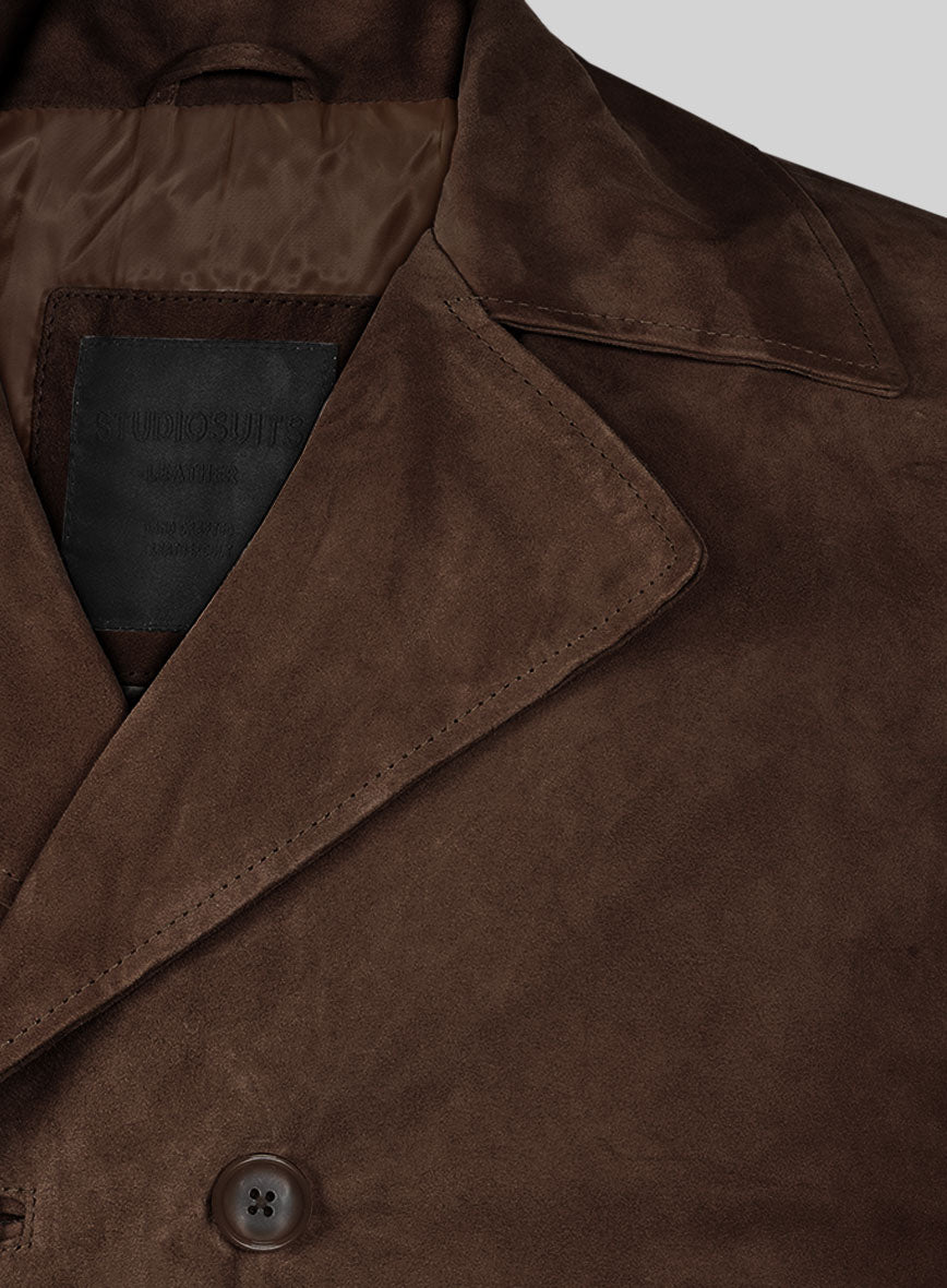 Dark Brown Suede Leather Pea Coat - StudioSuits