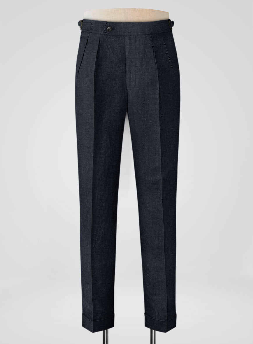 Dark Blue Pure Linen Highland Trousers - StudioSuits