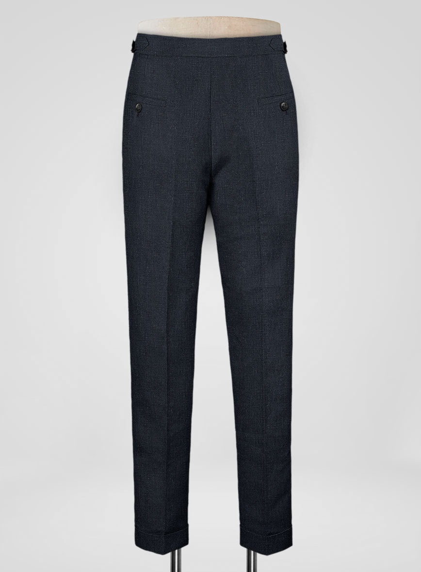 Dark Blue Pure Linen Highland Trousers - StudioSuits