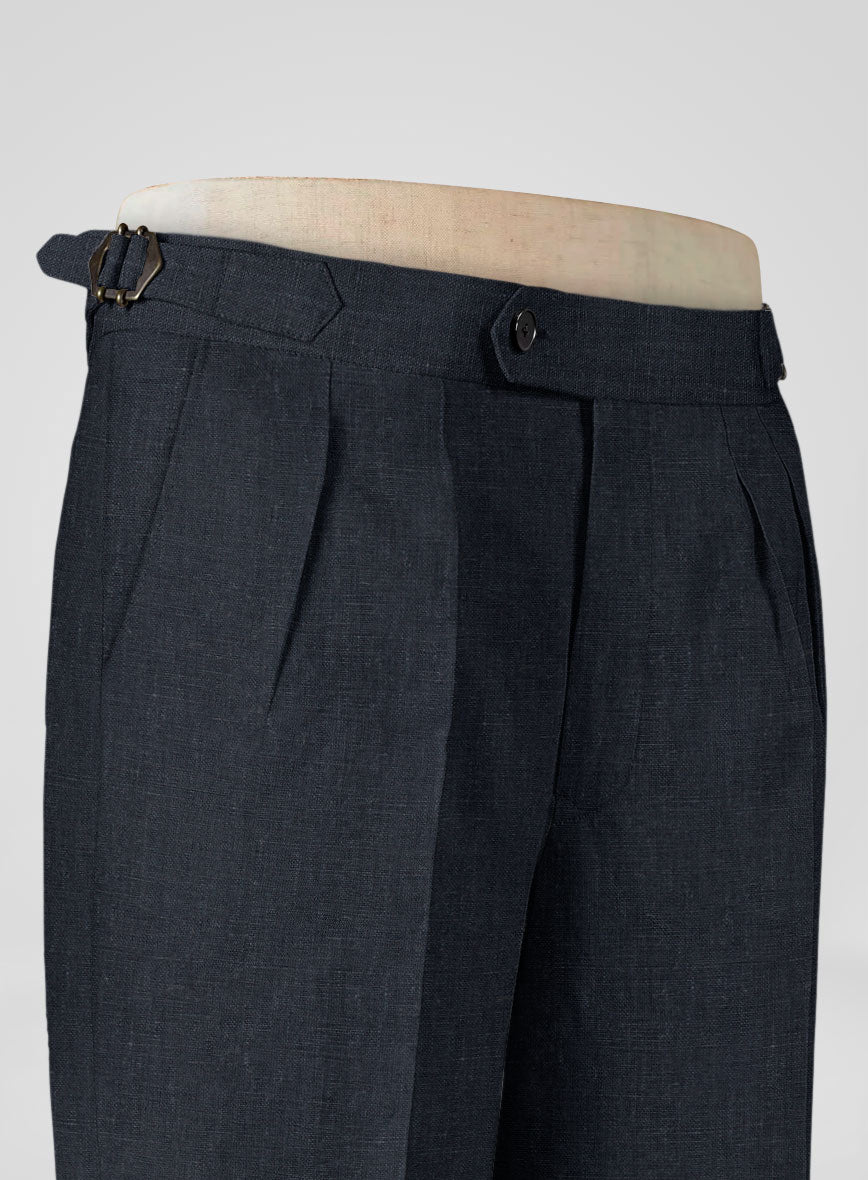 Dark Blue Pure Linen Highland Trousers - StudioSuits