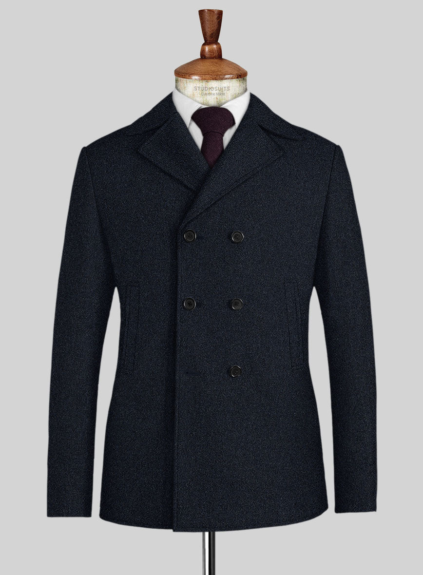 Deep Blue Heavy Tweed Pea Coat - StudioSuits