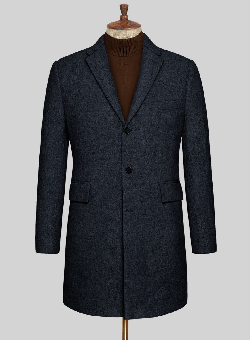 Deep Blue Herringbone Tweed Overcoat