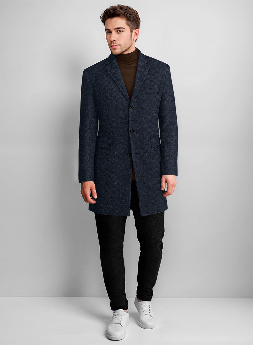 Deep Blue Herringbone Tweed Overcoat - StudioSuits