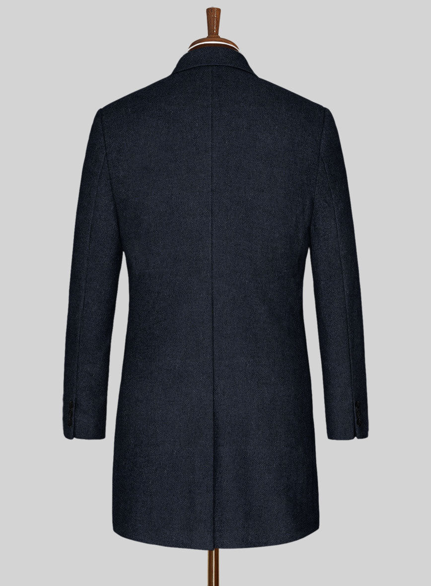 Deep Blue Herringbone Tweed Overcoat