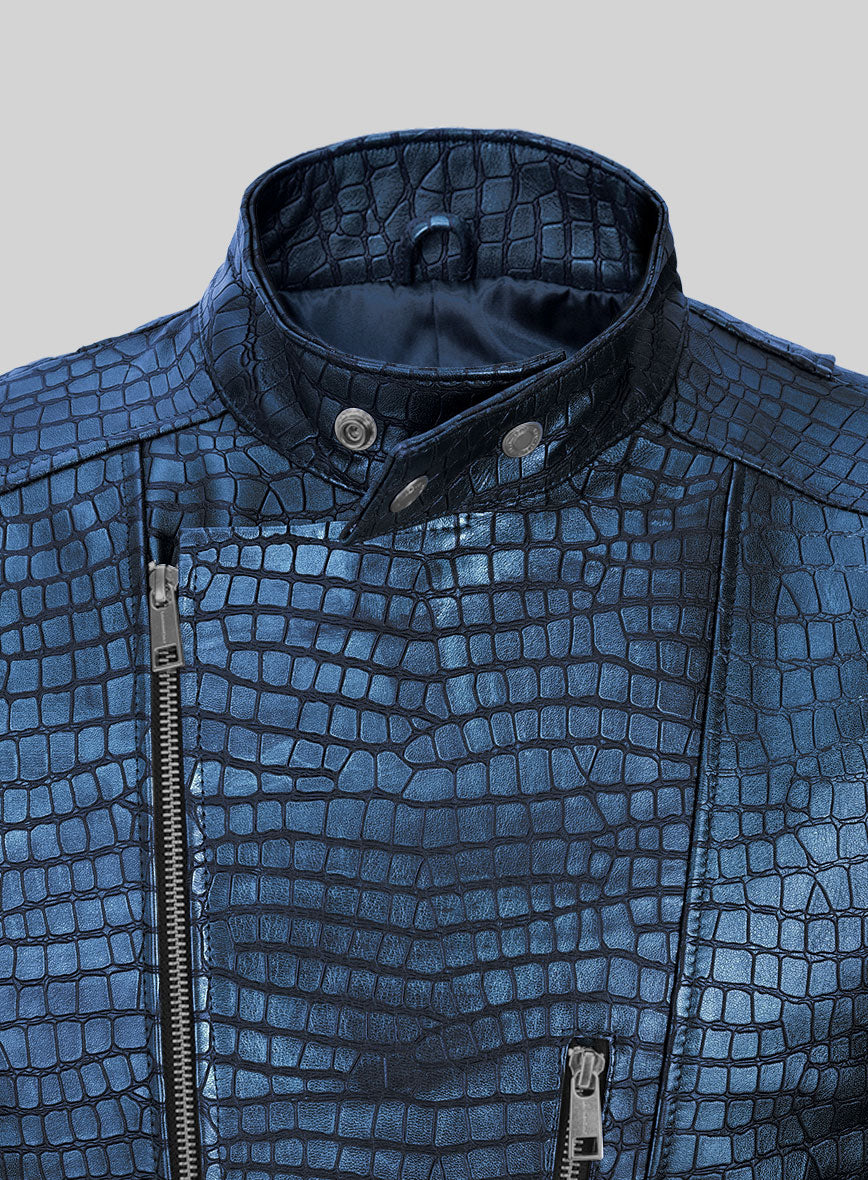 StudioSuits Enigmatic Croc Metallic Blue Leather Jacket