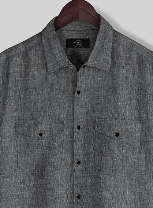 European Ash Gray Linen Western Style Shirt - StudioSuits