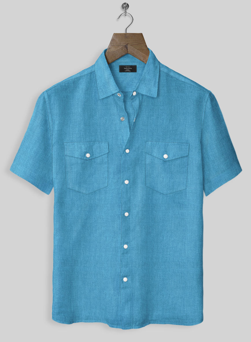 European Blue Linen Western Style Shirt - StudioSuits