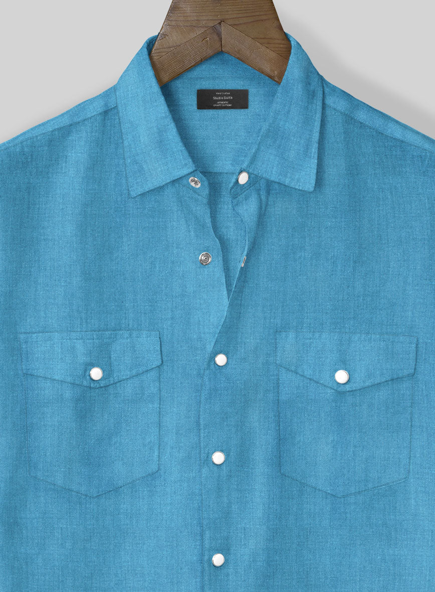 European Blue Linen Western Style Shirt - StudioSuits