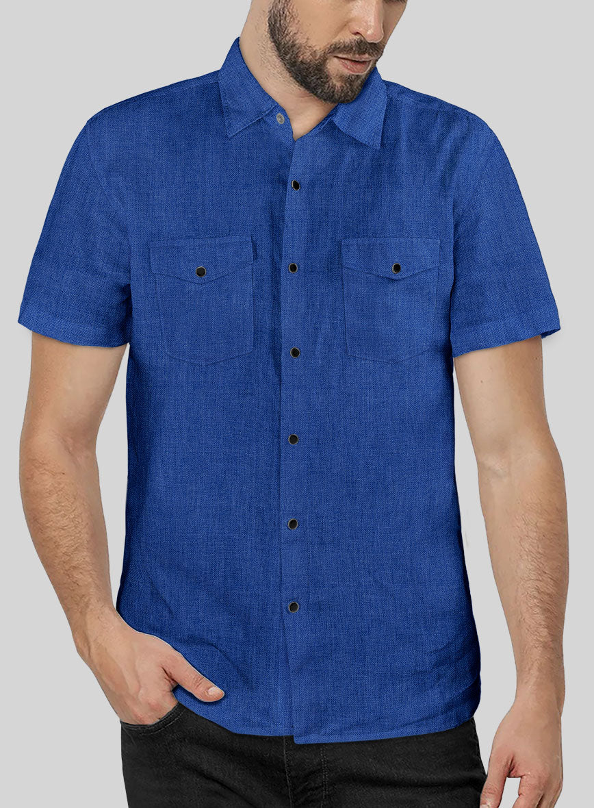 European Sapphire Blue Linen Shirt - StudioSuits