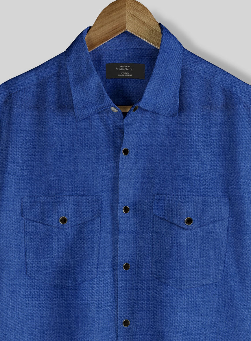 European Sapphire Blue Linen Shirt - StudioSuits